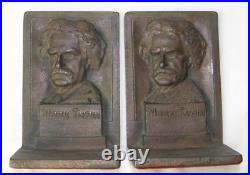 0582 ca. 1910 Antique Mark Twain Bookends -PAIR- Cast Iron Natural Iron signed