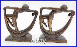 1920's Solid Bronze Art Deco Flapper Dancing Nude Ladies with Scarves Bookends