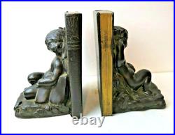 1920s Art Deco Nouveau Ronson Fairy Cherub & Butterfly Antique Bronze Bookends