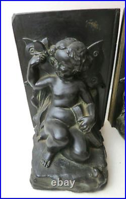 1920s Art Deco Nouveau Ronson Fairy Cherub & Butterfly Antique Bronze Bookends