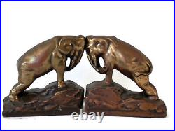 1920s Elephant Bookends Bronze Clad Pushing Bulls Antique Library & Office Decor