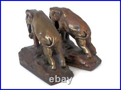 1920s Elephant Bookends Bronze Clad Pushing Bulls Antique Library & Office Decor