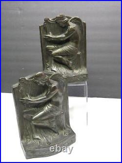 1922 Armor Bronze Book Ends Greek Angel Harp Male Man Art Deco