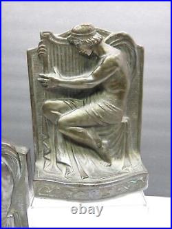 1922 Armor Bronze Book Ends Greek Angel Harp Male Man Art Deco