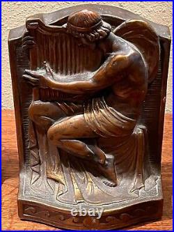 1922 Armor Bronze Book Ends Greek Angel Harp Male Man Art Deco original wow