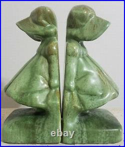 1929 Art Deco Cowan Pottery Ceramic Sunbonnet Girls Bookends #521 Antique Green