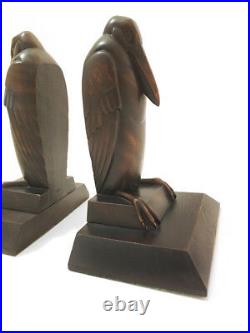1930s Art Deco Hard Wood Hand Carved Marabou Stork Bookends Brienz Black Forest
