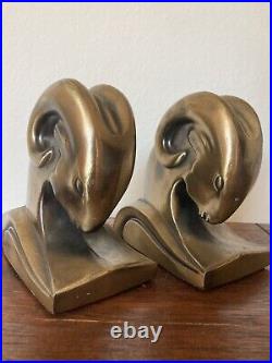 1930s Art Deco Ram's Head Bookends-Cornell Foundry-Cast Metal Brass/Bronze Wash