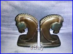 1930s Pair of Dodge Inc Art Deco Cast Metal Trojan Horse Bookends Copper Patina
