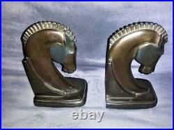 1930s Pair of Dodge Inc Art Deco Cast Metal Trojan Horse Bookends Copper Patina