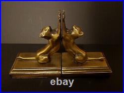 1986 Pair of Art Deco Frankart Sarsaparilla Gold Brass Cats Bookends Vtg EUC