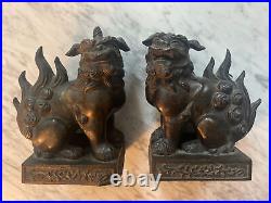 (2) Asian Art Deco Foo Dogs Gilt Bronze Metal Lions Sculptures Bookends