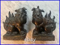 (2) Asian Art Deco Foo Dogs Gilt Bronze Metal Lions Sculptures Bookends