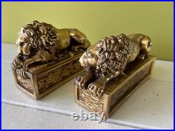 2 Brass Bookends Resting Sitting Lion 7.25 Long Vintage Pair Set