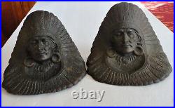 2 Vtg Cast Iron Native American Chief Headdress Sculpture Bookend Natural Patina