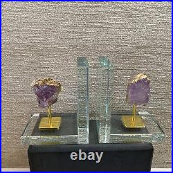 AMETHYST Purple Crystal Clusters Gold Stand Glass Bookend Decor 2 Piece Set RARE