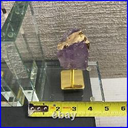 AMETHYST Purple Crystal Clusters Gold Stand Glass Bookend Decor 2 Piece Set RARE