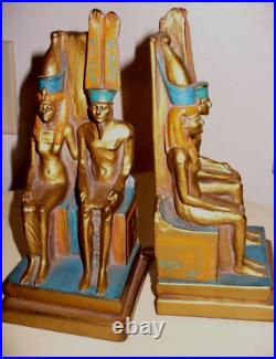 ANTIQUE 1920's ART DECO PAIR BRONZE CLAD EGYPTIAN PHAROH & QUEEN BOOKENDS RARE