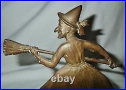 ANTIQUE BRONZE BRASS WITCH LADY with BROOM HALLOWEEN ART STATUE SCULPTURE BOOKENDS