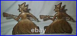 ANTIQUE BRONZE BRASS WITCH LADY with BROOM HALLOWEEN ART STATUE SCULPTURE BOOKENDS
