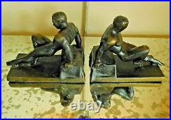 ATQ. 1920s PAIR FRENCH NUDE MALE BRONZE BOOKENDS / LE VERRIER FRENCH STYLE