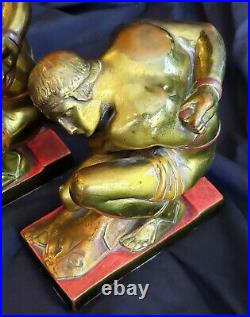 ATQ Art Deco Pr Pompeian Bronze Bookends Hercules Hand Painted Original Patina
