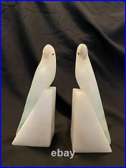 Alabaster Italian Hand Carved Art Deco Parrot Bookends Jade, White & Black Eyes
