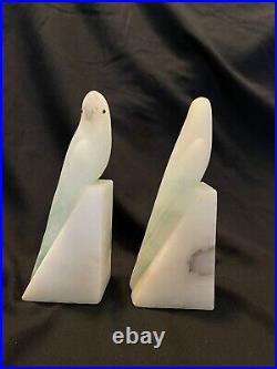 Alabaster Italian Hand Carved Art Deco Parrot Bookends Jade, White & Black Eyes