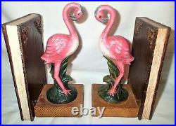 Antique 16 Pounds Pink Flamingo Florida Palm Tree Bird Statue Sculpture Bookends