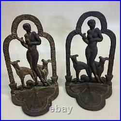 Antique 1920's Art Deco Nude Lady Greyhounds Bookends cast iron Gold Paint Vtg