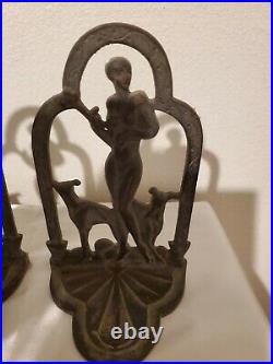 Antique 1920's Art Deco Nude with Greyhounds Bookends cast iron with brass