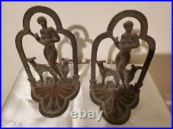 Antique 1920's Art Deco Nude with Greyhounds Bookends cast iron with brass