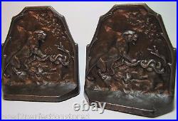 Antique 1920s Art Deco Tiger and Snake Cast Iron Bookends Connecticut Fndry