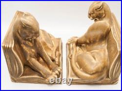 Antique 1924 Rookwood Pottery Brown Marble Panther Bookends, William McDonald
