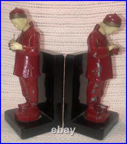 Antique 1933 1930s Chinese Man Eating Bookends JB Hirsch Red Spelter & Ivorine