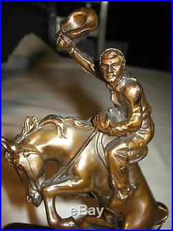 Antique American Cowboy On Horse Rodeo Art Statue Sculpture Dodge Metal Bookends