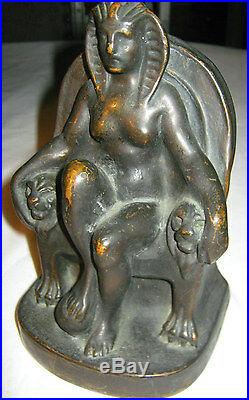 Antique Armor Bronze Clad Egyptian Revival Art Deco Lady Nude Sculpture Bookends