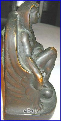 Antique Armor Bronze Clad Egyptian Revival Art Deco Lady Nude Sculpture Bookends