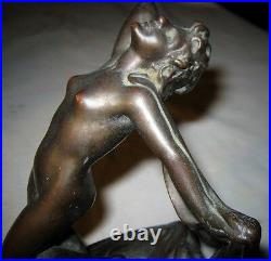 Antique Armor Bronze Nude Dancing Scarf Lady Art Deco Statue Sculpture Bookends