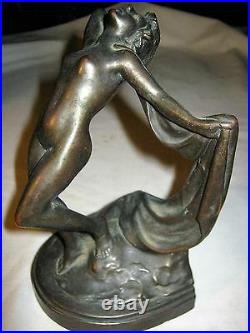 Antique Armor Bronze Nude Dancing Scarf Lady Art Deco Statue Sculpture Bookends