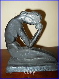 Antique Art Deco 1930 Mourning Lady Praying Woman Girl Bookend Great Patina