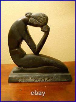 Antique Art Deco 1930 Mourning Lady Praying Woman Girl Bookend Great Patina