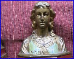 Antique Art Deco Armor Bronze Co. Painted Bookends of Dante and Beatrice