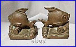 Antique Art Deco BRONZE ANGEL FISH on WAVES BOOKENDS Small 3-1/2 tall