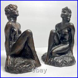 Antique Art Deco Bookends Nude Nymph Lady Sitting On Sea Rock Cast Bronze Estate