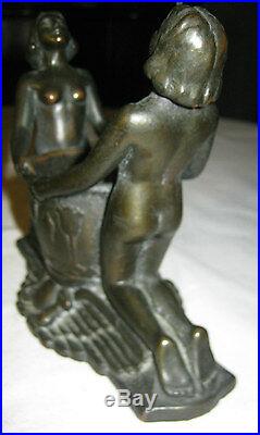 Antique Art Deco Bronze Clad Nude Lady Bust Bowl Statue Bookends Candle Holder