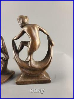 Antique Art Deco Bronzed Metal Bookends Sculptures Dancing Nude Ladies #15
