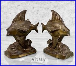 Antique Art Deco Cast Iron Angel Fish Library Bookends A Pair