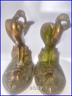 Antique Art Deco Jennings Brothers Bronze Version Flamingo Bookends 6 Rare Find