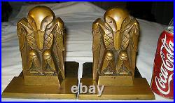 Antique Art Deco Machine Age Bronze Rook Phoenix Bird Statue Sculpture Bookends